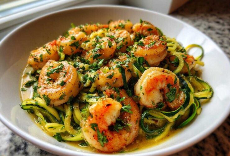 Close-up of Keto Shrimp Scampi Zucchini Noodles topped with fresh parsley in a white bowl.