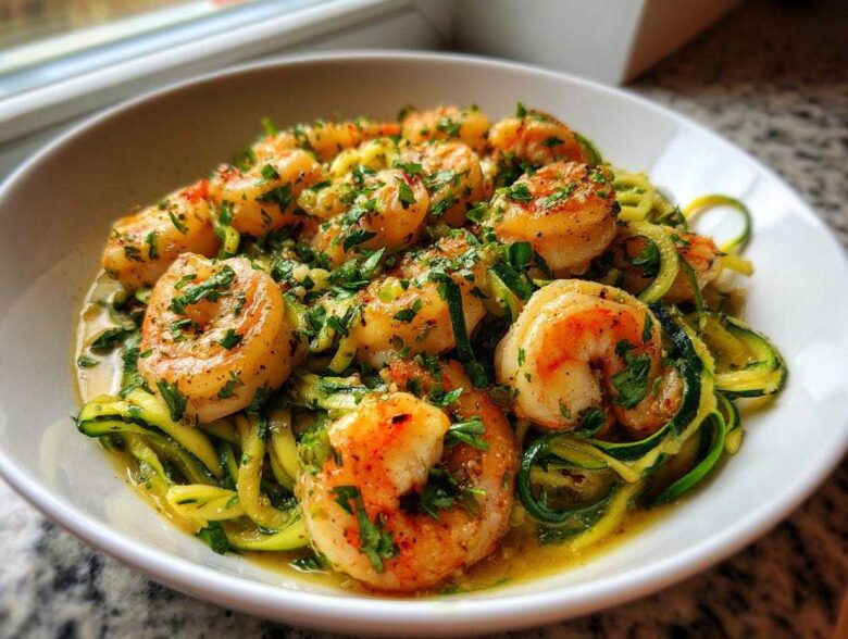Close-up of Keto Shrimp Scampi Zucchini Noodles topped with fresh parsley in a white bowl.