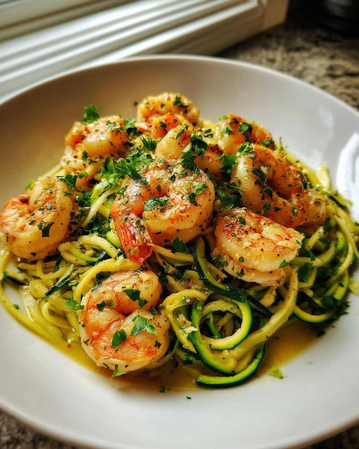 A close-up of Keto Shrimp Scampi Zucchini Noodles, featuring plump shrimp over zoodles tossed in garlic butter sauce and parsley.