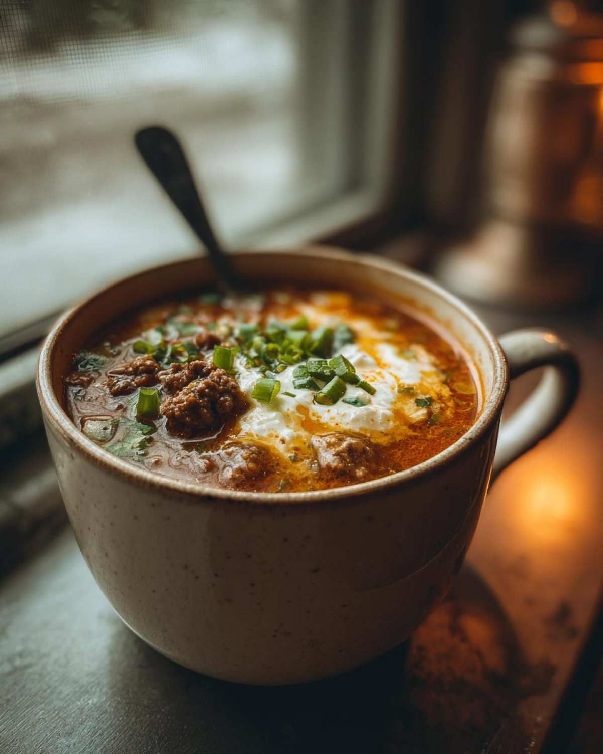 Close-up of a steaming mug of Keto Taco Soup with Ground Beef topped with sour cream and green onions.