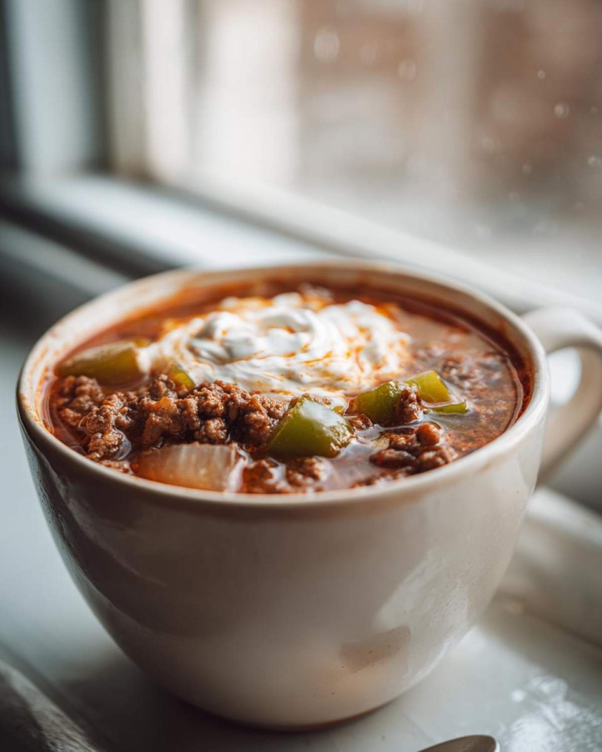 Close-up of a mug filled with rich Keto Taco Soup with Ground Beef, topped with a dollop of sour cream.