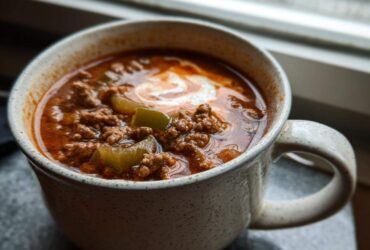 Close-up of a hearty serving of Keto Taco Soup with Ground Beef topped with sour cream in a speckled mug.