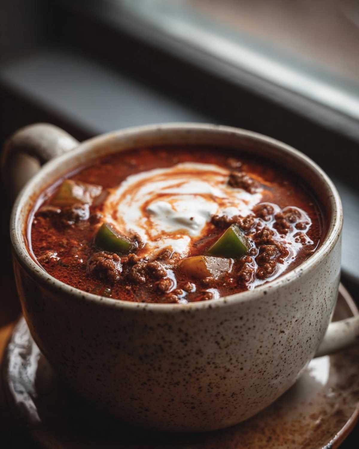 Close-up of a steaming mug of rich Keto Taco Soup with Ground Beef, topped with sour cream swirl and green peppers.