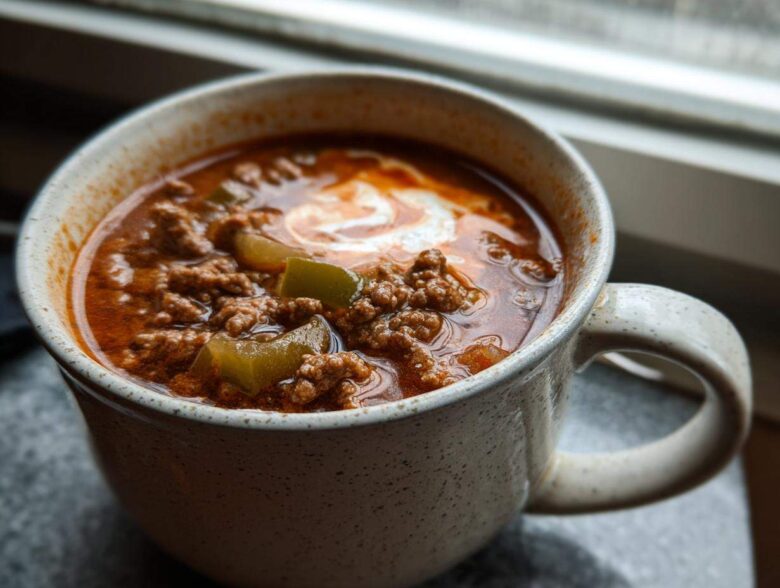 Close-up of a hearty serving of Keto Taco Soup with Ground Beef topped with sour cream in a speckled mug.