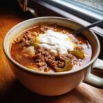Close-up of a steaming bowl of Keto Taco Soup with Ground Beef, topped with sour cream.