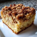 Close-up of a moist slice of apple crumb cake showing the tender cake base and thick cinnamon streusel topping.