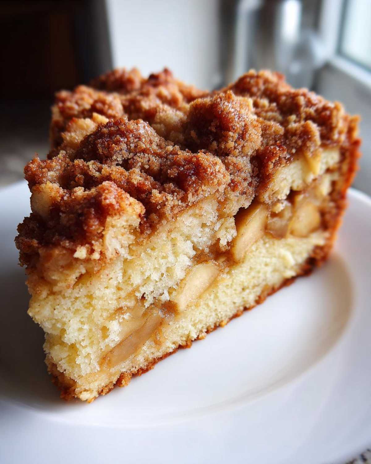 Close-up of a moist slice of apple crumb cake showing tender cake, spiced apple filling, and thick cinnamon streusel topping.