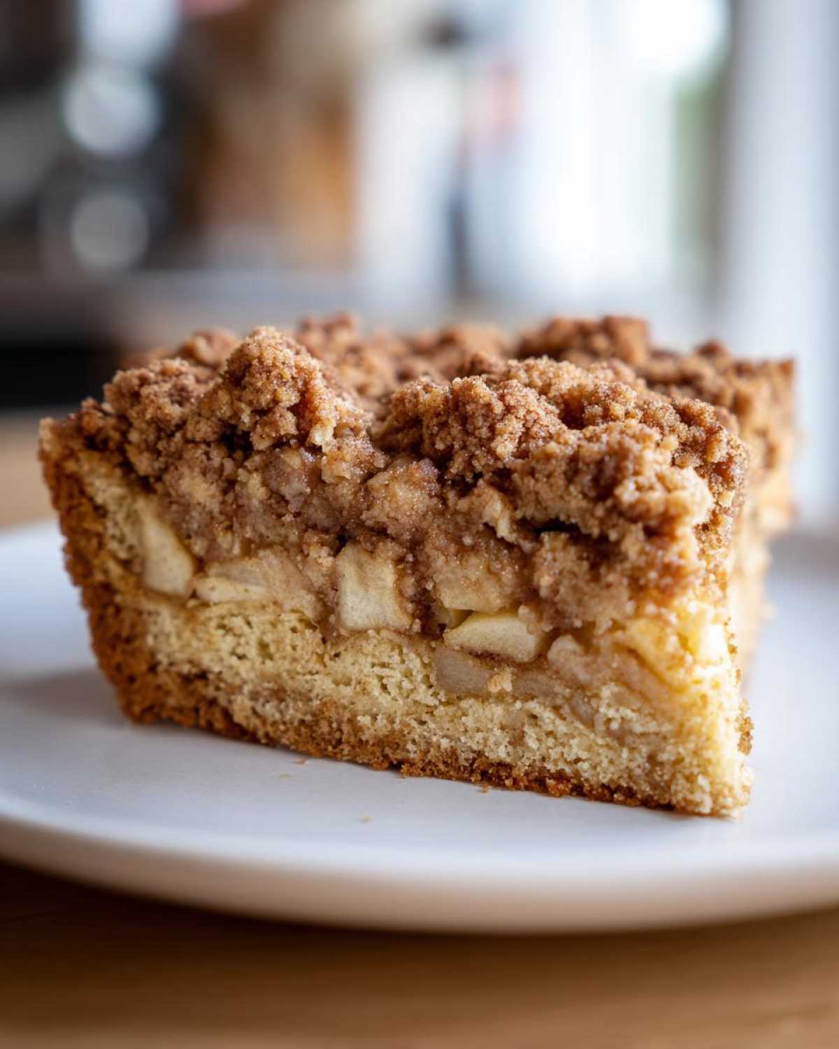 Close-up of a moist slice of apple crumb cake showing the cake base, apple filling, and thick cinnamon crumb topping.