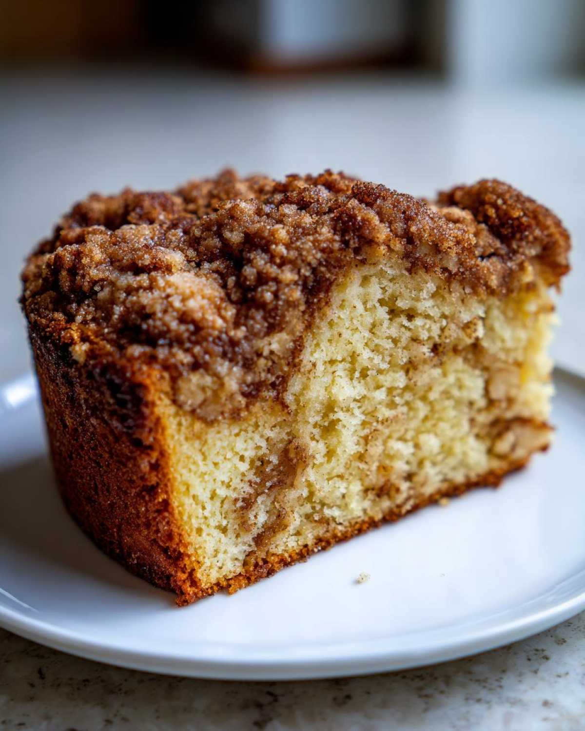 A close-up of a moist slice of apple crumb cake featuring a thick cinnamon streusel topping and visible apple pieces.