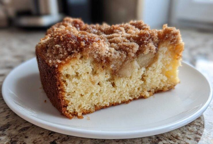 A close-up of a moist slice of apple crumb cake showing the tender cake base, baked apple pieces, and rich cinnamon streusel topping.