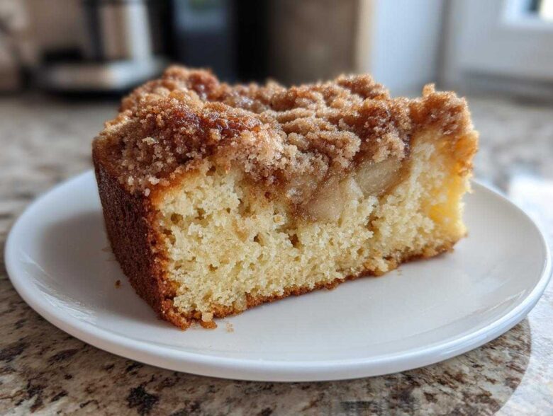 A close-up of a moist slice of apple crumb cake showing the tender cake base, baked apple pieces, and rich cinnamon streusel topping.