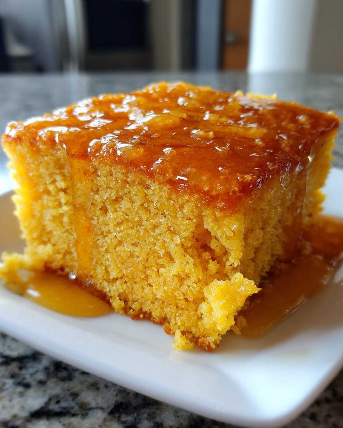 Close-up of a moist slice of sweet potato cornbread topped with a shiny orange glaze.