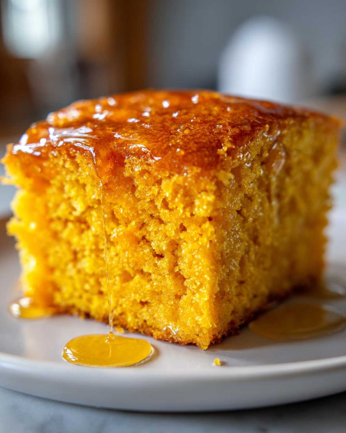 Close-up of a moist, bright orange slice of sweet potato cornbread being drizzled with honey.