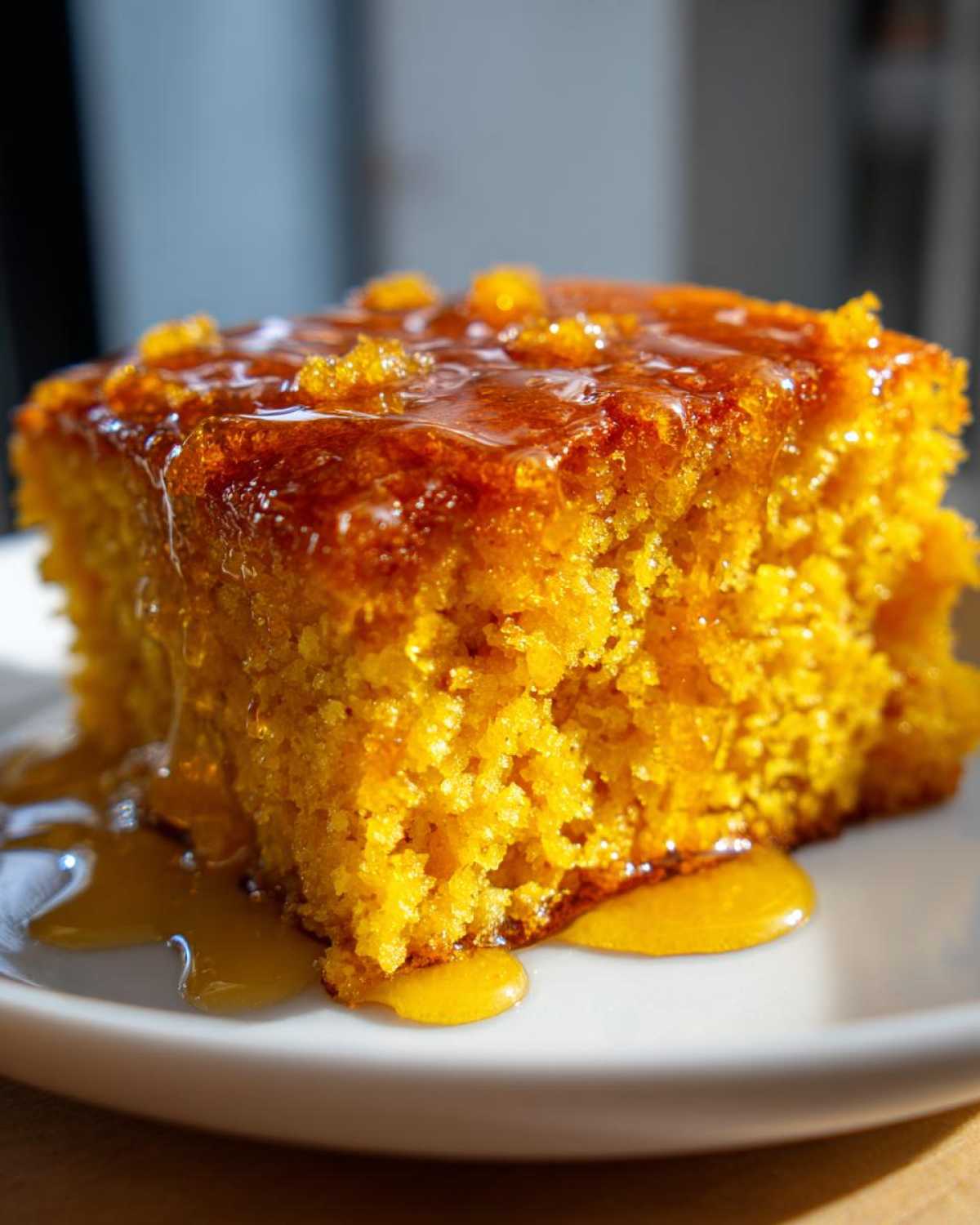 Close-up of a moist, golden slice of sweet potato cornbread drizzled heavily with a shiny honey or syrup glaze.