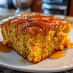 Close-up of a square slice of moist sweet potato cornbread drizzled generously with golden honey on a white plate.