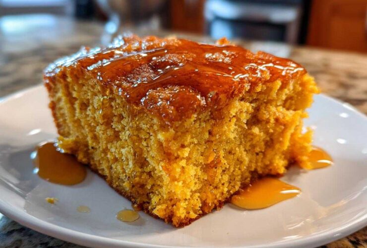 Close-up of a square slice of moist sweet potato cornbread drizzled generously with golden honey on a white plate.