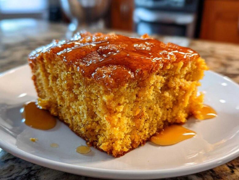 Close-up of a square slice of moist sweet potato cornbread drizzled generously with golden honey on a white plate.