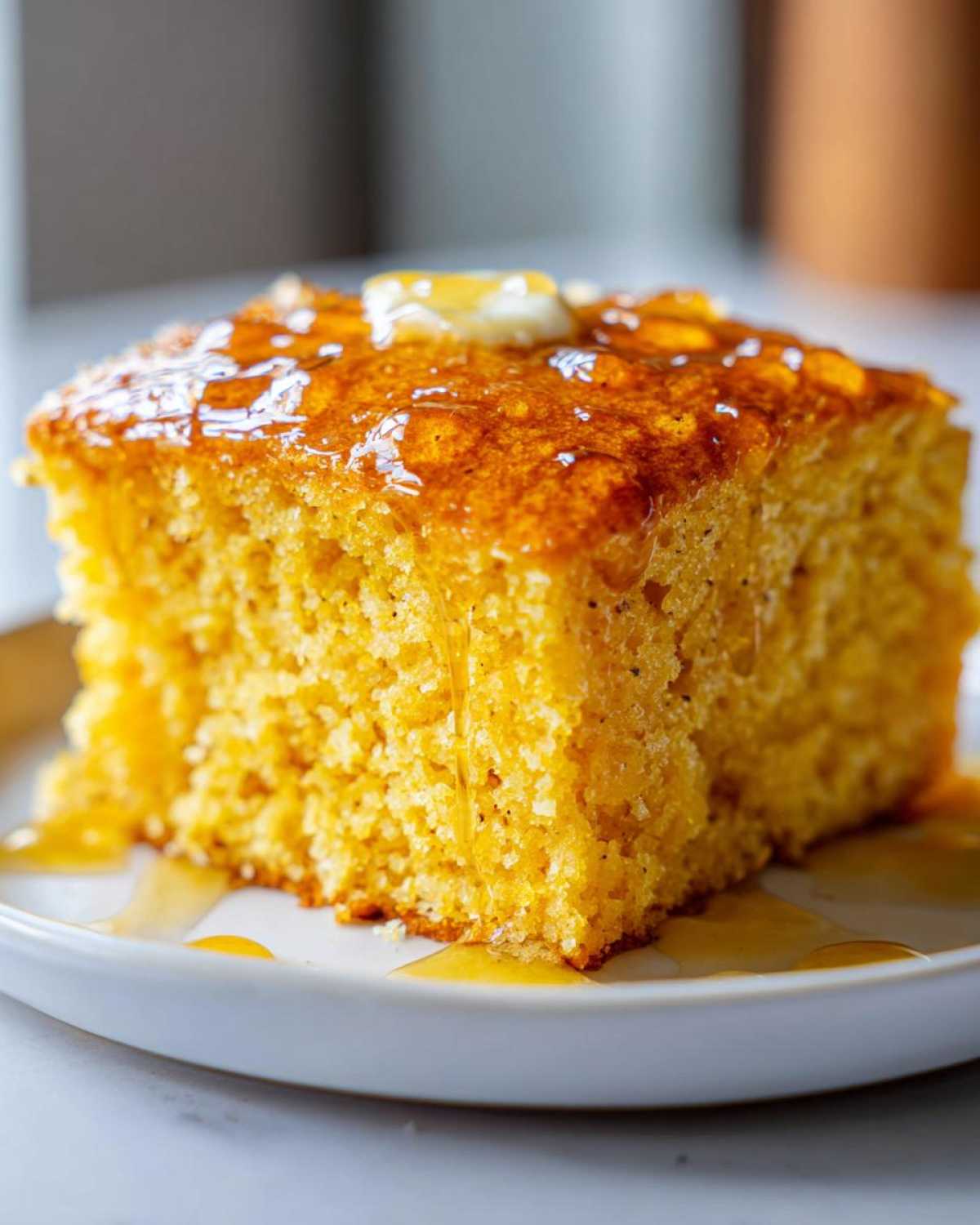 A close-up of a moist slice of sweet potato cornbread drizzled with honey and topped with melting butter.