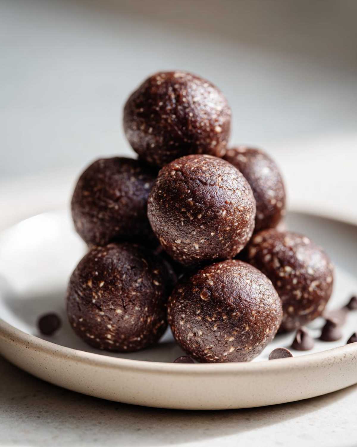 A stack of rich, dark No-Bake Brownie Batter Protein Balls on a light ceramic plate with scattered chocolate chips.