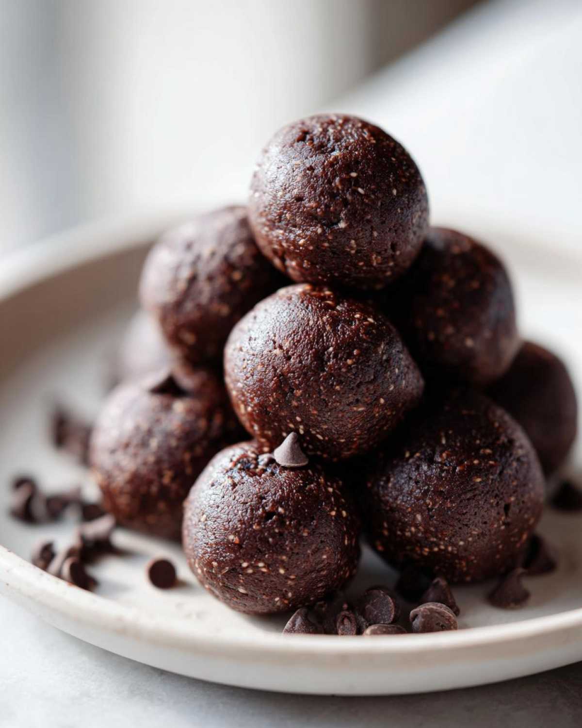 A stack of rich, dark No-Bake Brownie Batter Protein Balls garnished with mini chocolate chips on a light plate.