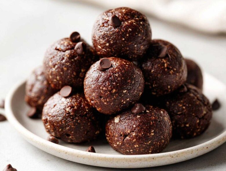 A close-up stack of rich, dark No-Bake Brownie Batter Protein Balls topped with mini chocolate chips.