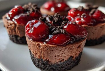 A close-up of individual No-Bake Chocolate Cherry Cheesecake Cups topped with glossy cherries and cookie crumbs.