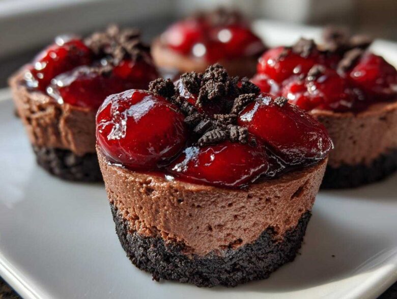 A close-up of individual No-Bake Chocolate Cherry Cheesecake Cups topped with glossy cherries and cookie crumbs.
