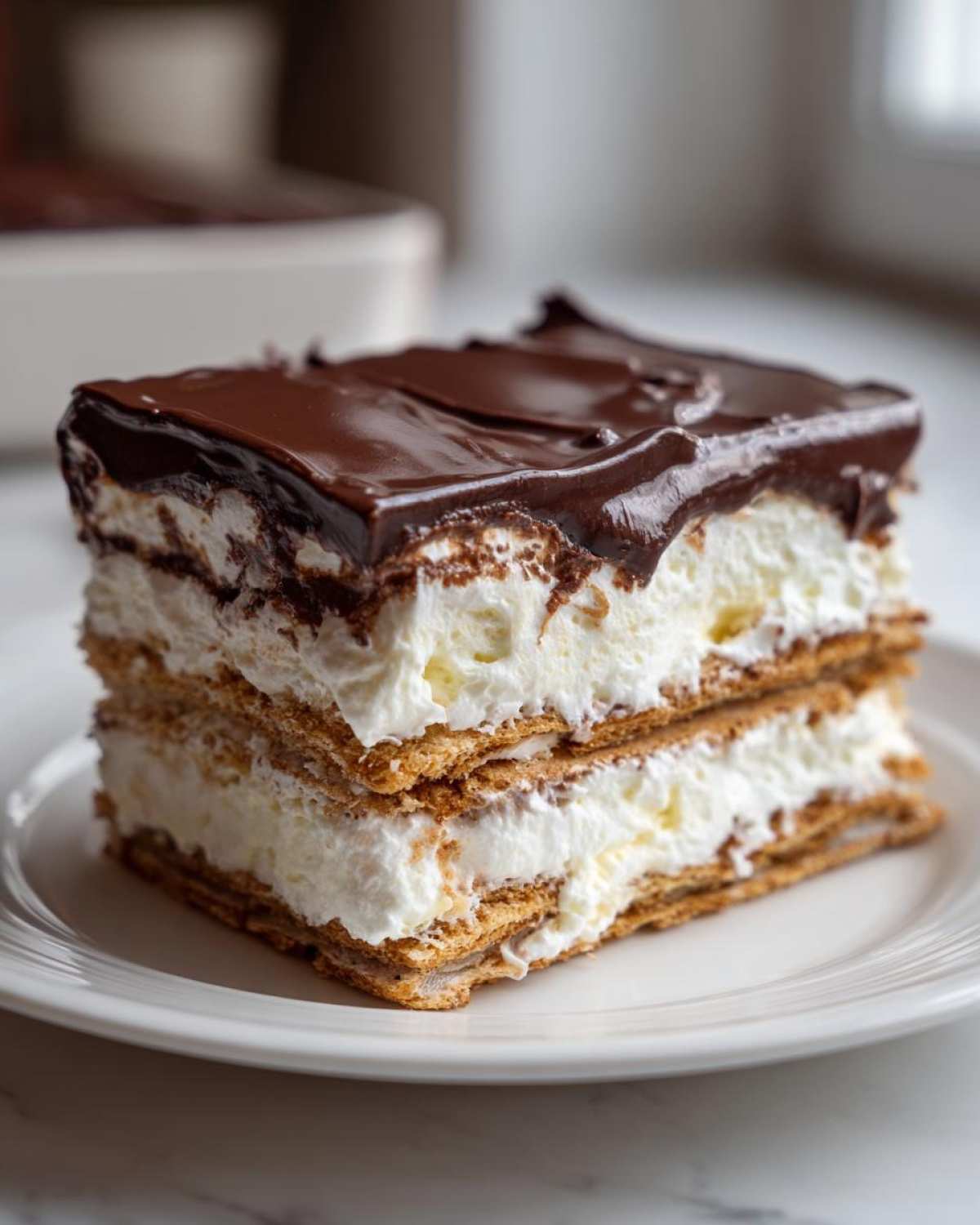 A close-up of a layered slice of No-Bake Chocolate Eclair Cake featuring graham crackers, cream filling, and chocolate glaze.