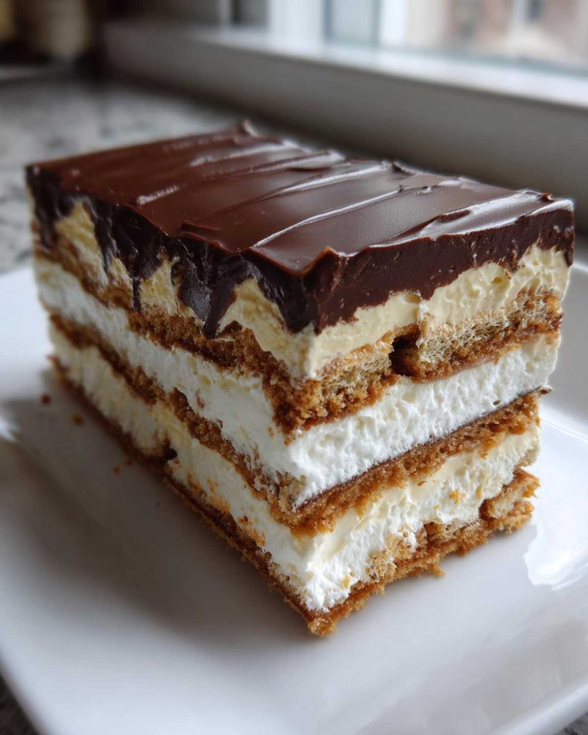 A rich slice of No-Bake Chocolate Eclair Cake showing layers of graham crackers, vanilla pudding, and whipped cream, topped with chocolate ganache.