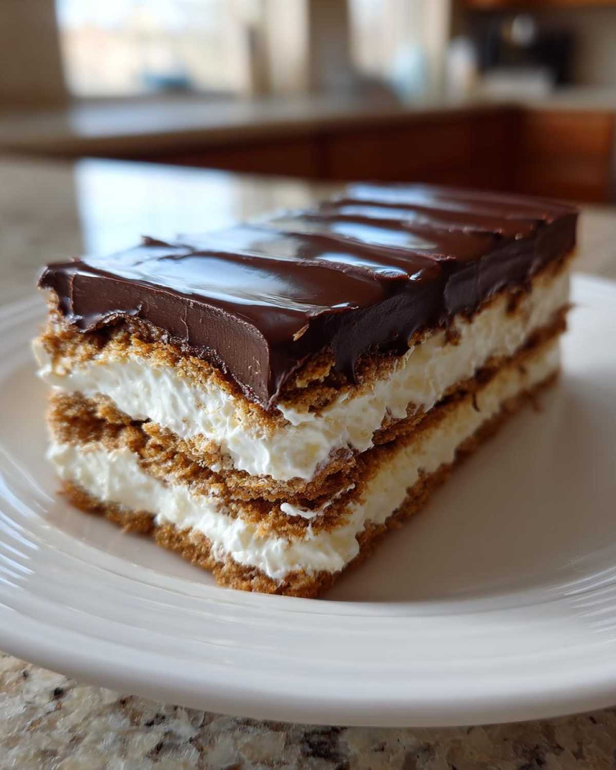 A layered slice of No-Bake Chocolate Eclair Cake featuring graham crackers, cream filling, and glossy chocolate frosting.