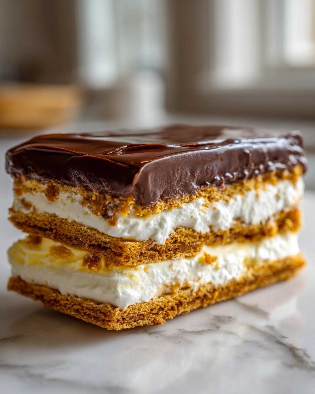 Close-up of a single serving of No-Bake Chocolate Eclair Cake showing graham cracker layers, cream filling, and chocolate topping.