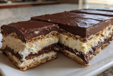 Close-up of layered slices of No-Bake Chocolate Eclair Cake showing graham crackers, creamy filling, and chocolate frosting.