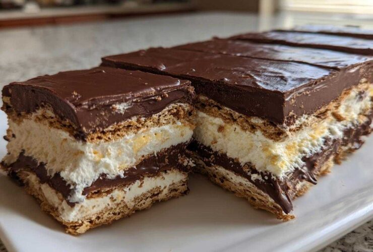 Close-up of layered slices of No-Bake Chocolate Eclair Cake showing graham crackers, creamy filling, and chocolate frosting.