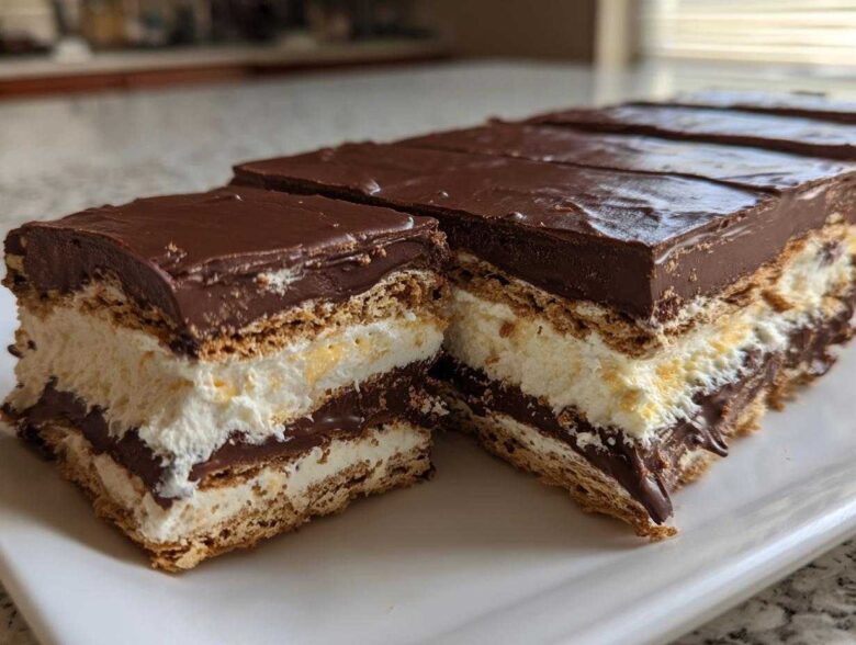 Close-up of layered slices of No-Bake Chocolate Eclair Cake showing graham crackers, creamy filling, and chocolate frosting.