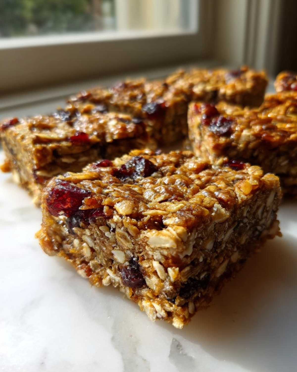 Close-up of a square of chewy no bake granola bars packed with oats and dried cranberries, sitting on a white marble surface.