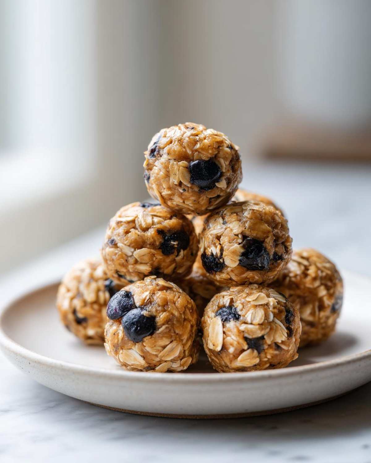 A stack of No-Bake Lemon Blueberry Energy Bites made with oats and visible blueberries on a small white plate.