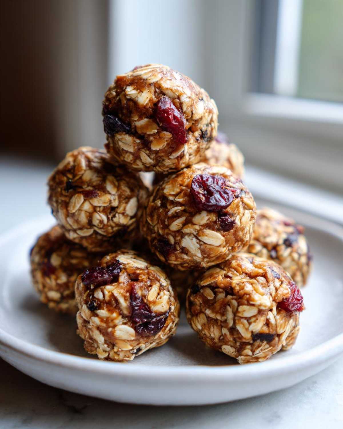 A stack of homemade No-Bake Lemon Blueberry Energy Bites made with oats and dried fruit on a small white plate.