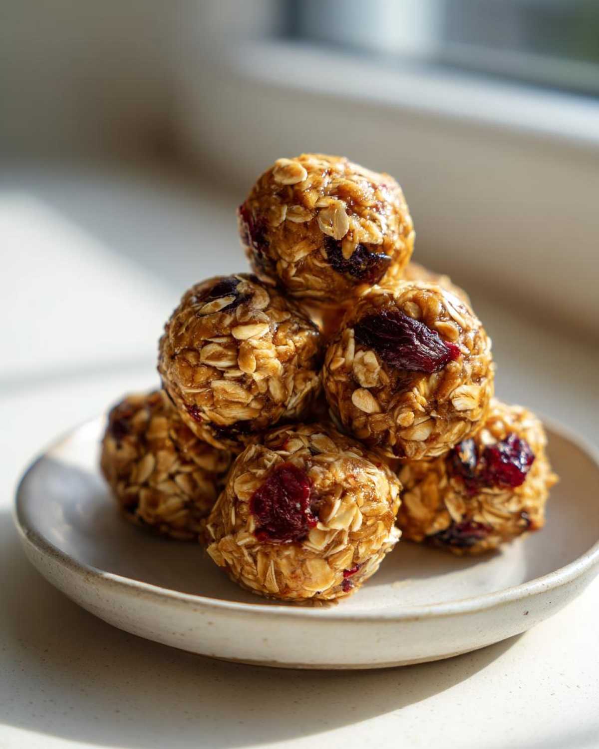 A stack of No-Bake Lemon Blueberry Energy Bites made with oats and dried fruit, served on a small plate.