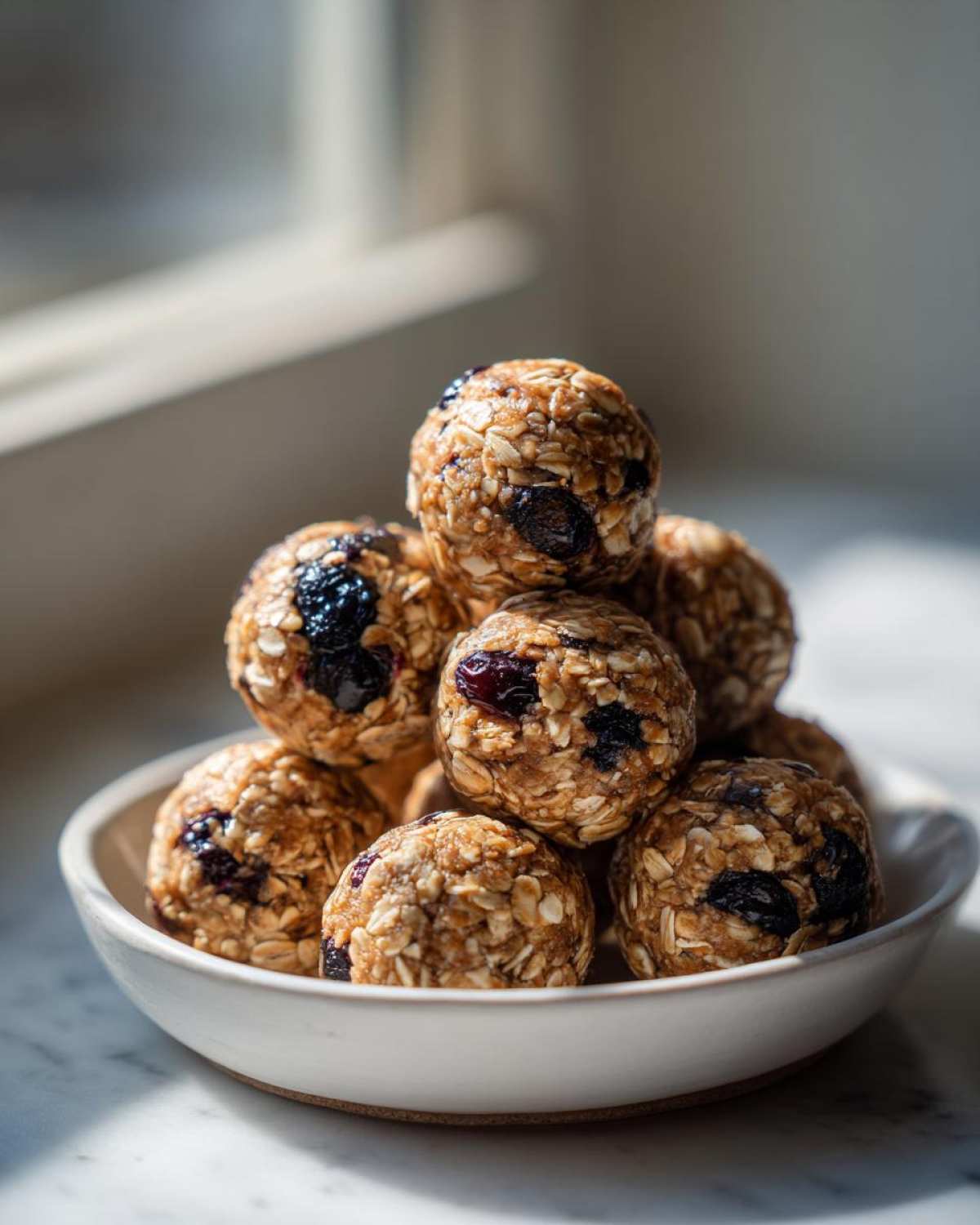 A stack of No-Bake Lemon Blueberry Energy Bites made with oats and dried blueberries, served in a small white bowl.