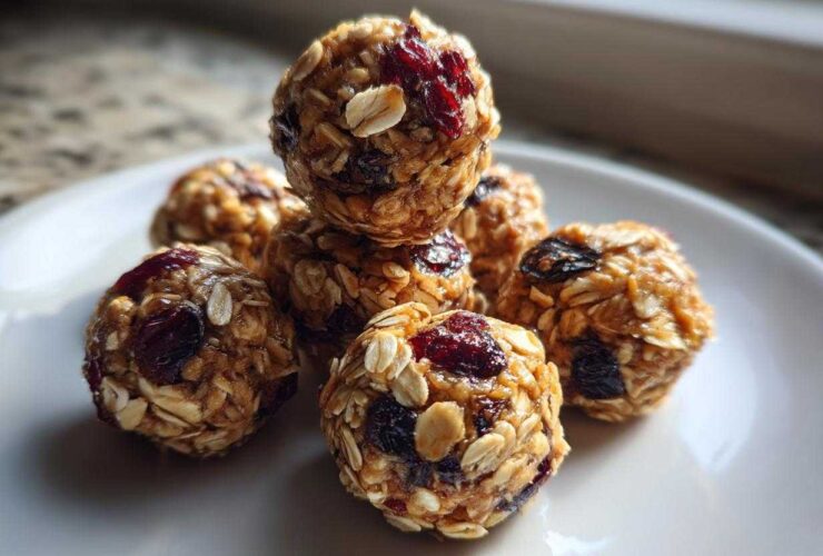 A stack of homemade No-Bake Lemon Blueberry Energy Bites made with oats and dried fruit on a white plate.