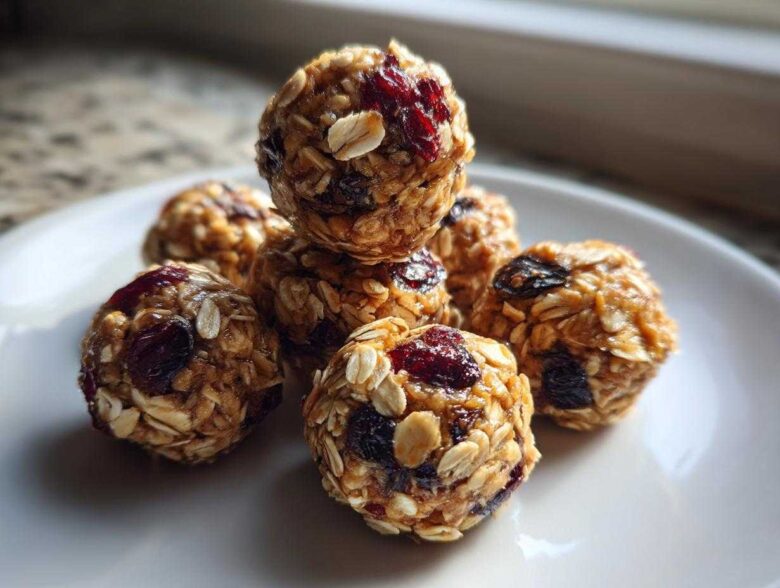A stack of homemade No-Bake Lemon Blueberry Energy Bites made with oats and dried fruit on a white plate.
