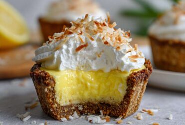 A bite taken out of a No-Bake Lemon Coconut Cream Pie Cup showing the bright yellow filling and toasted coconut topping.