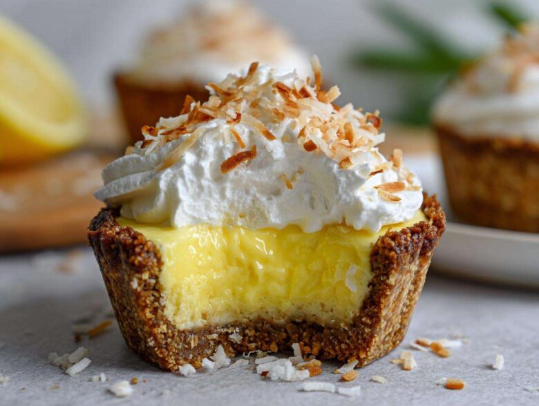 A bite taken out of a No-Bake Lemon Coconut Cream Pie Cup showing the bright yellow filling and toasted coconut topping.