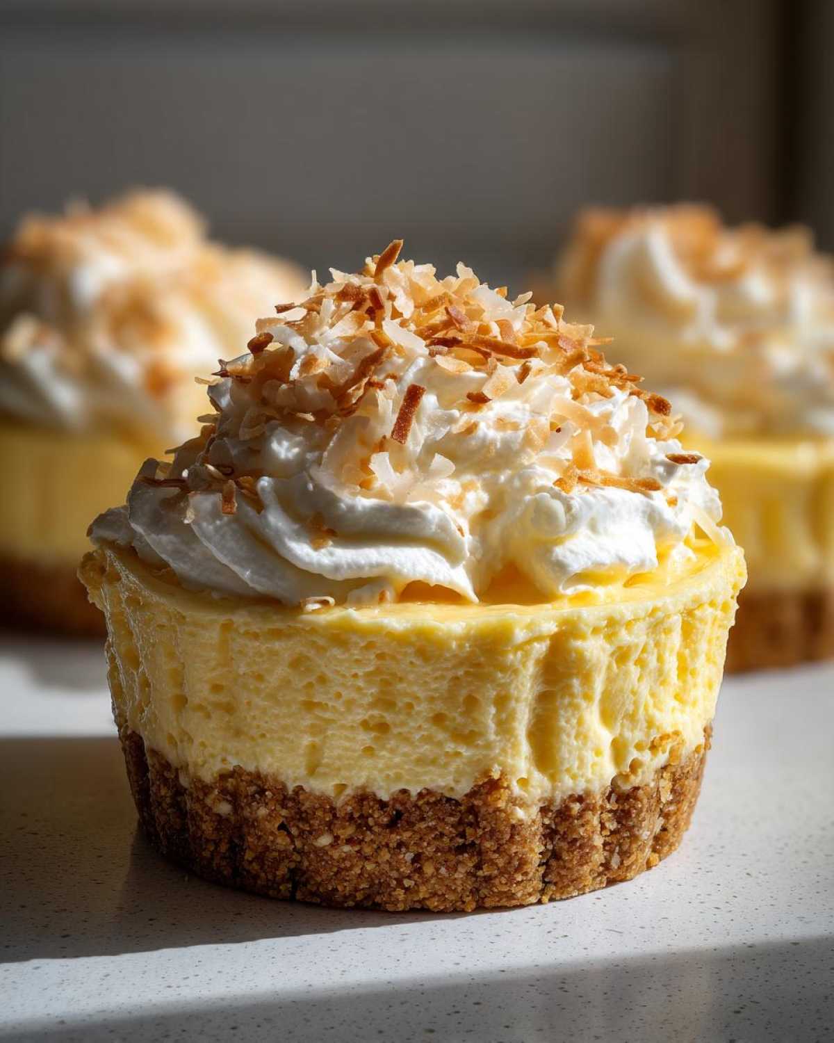 A close-up of a No-Bake Lemon Coconut Cream Pie Cup with a graham cracker crust, creamy filling, whipped cream, and toasted coconut.