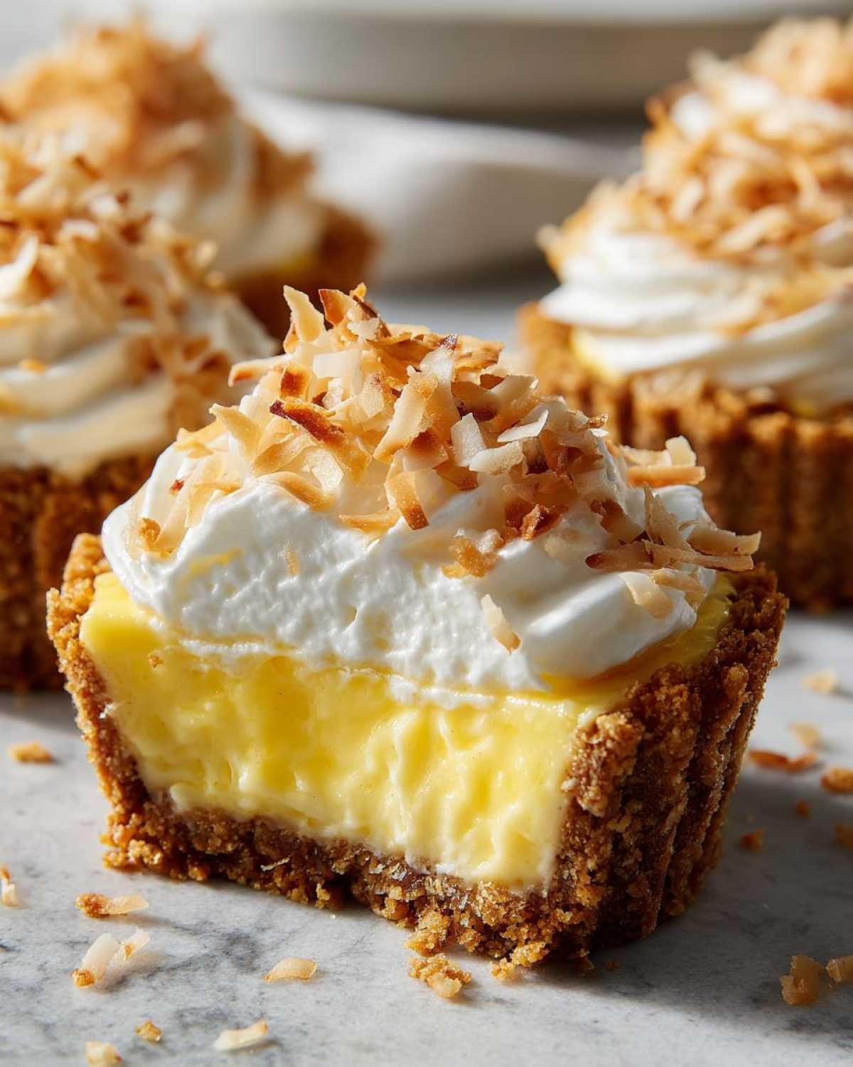 Cross-section of a No-Bake Lemon Coconut Cream Pie Cup showing graham cracker crust, lemon filling, and whipped cream topped with toasted coconut.