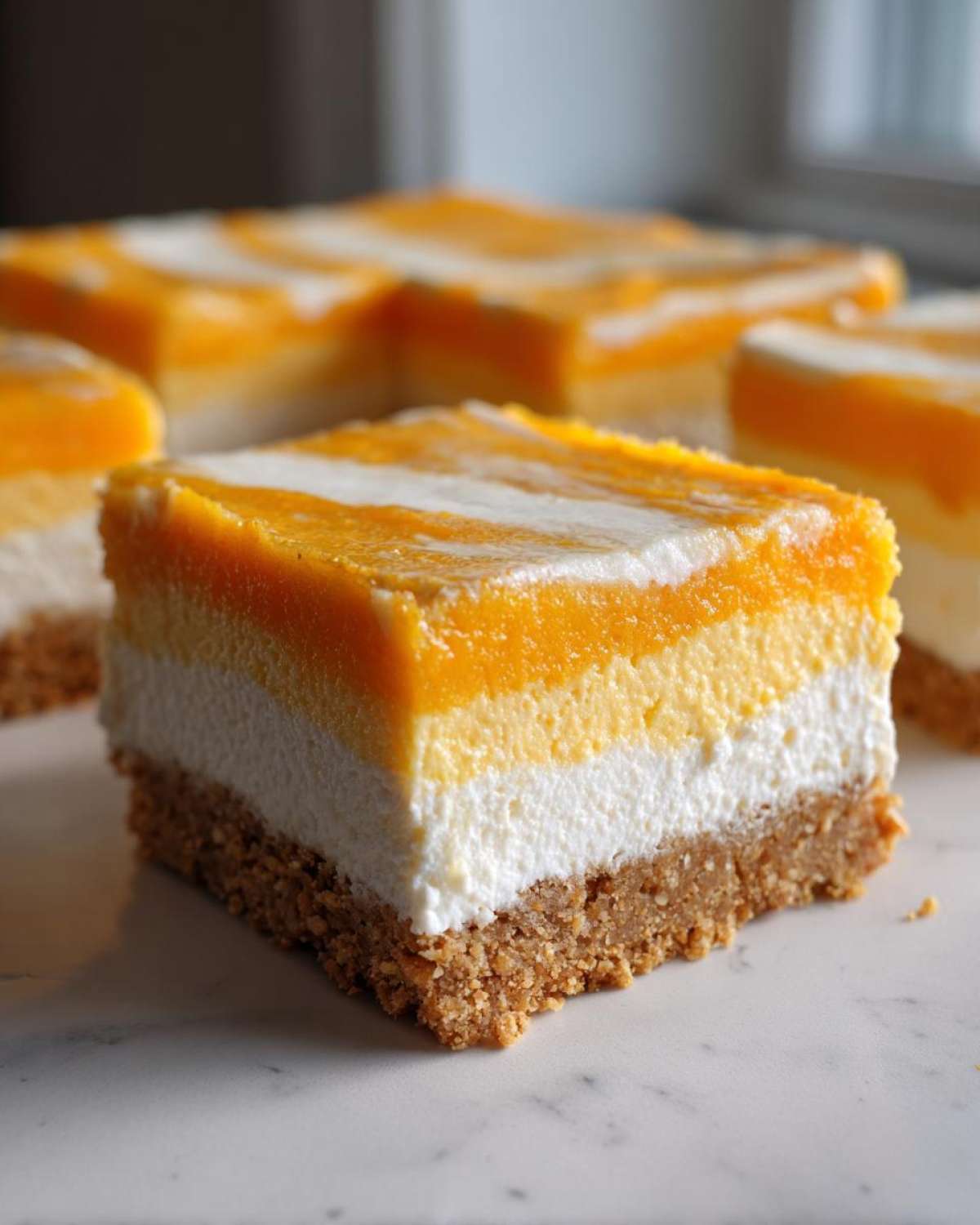 A single square of No-Bake Orange Creamsicle Cheesecake Bars showing graham cracker crust, white cream layer, and orange topping.