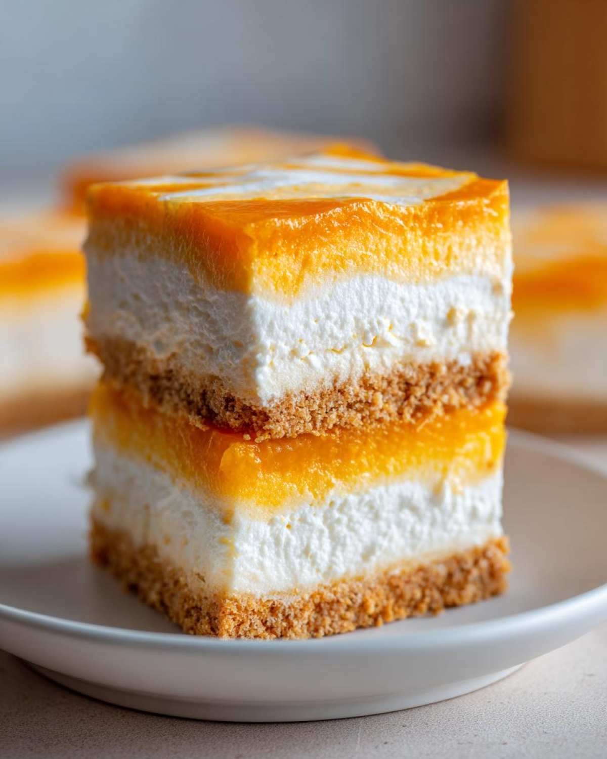 Close-up of a layered No-Bake Orange Creamsicle Cheesecake Bars slice showing graham cracker crust, white cream, and orange topping.