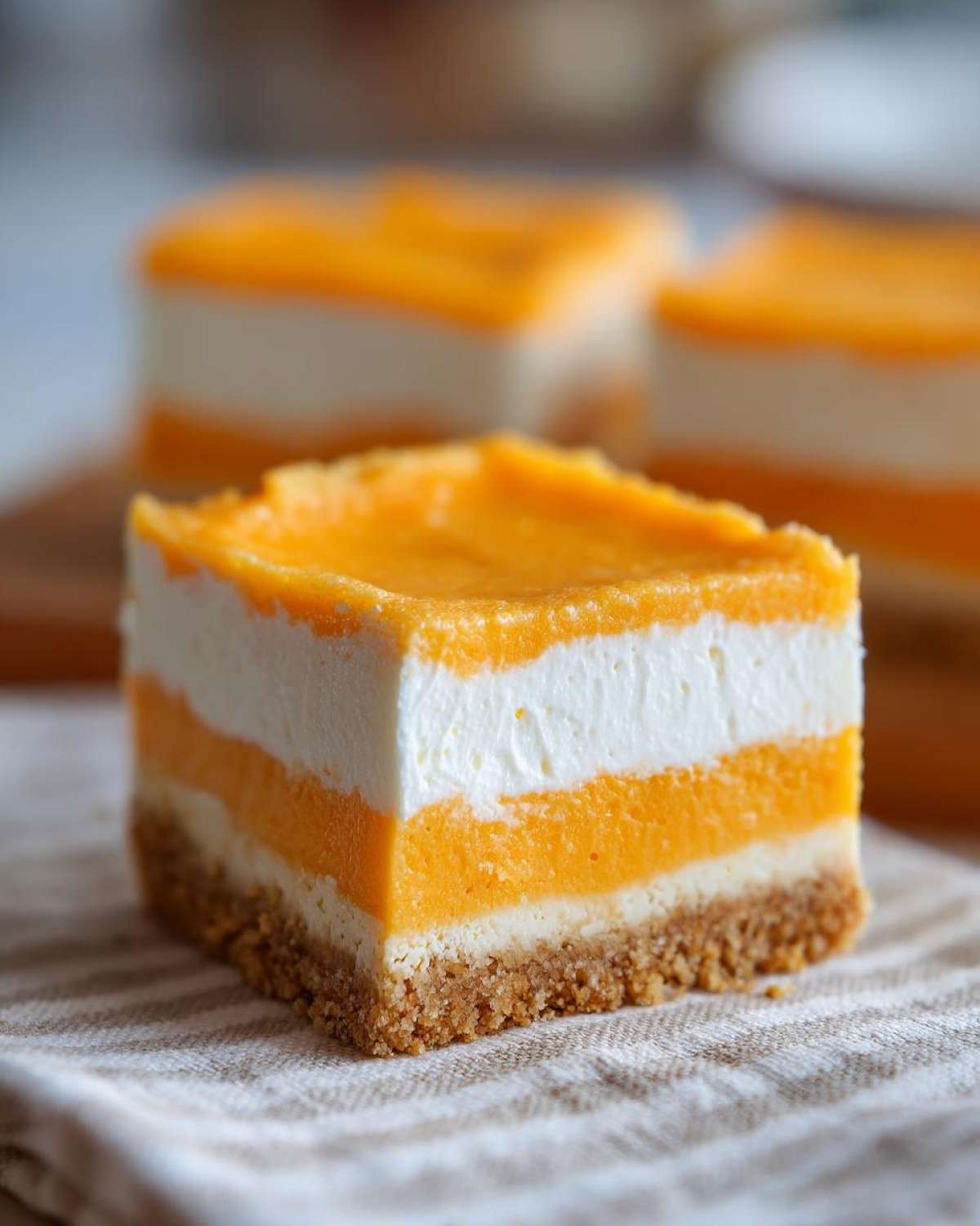 A close-up of a layered No-Bake Orange Creamsicle Cheesecake Bars square on a striped napkin.