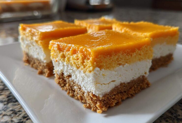 Close-up of several No-Bake Orange Creamsicle Cheesecake Bars showing graham cracker crust, white filling, and orange topping.