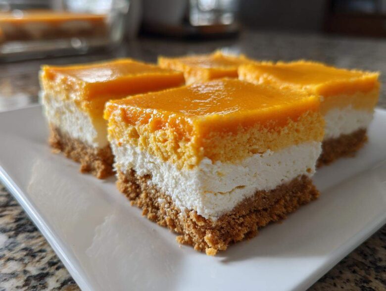 Close-up of several No-Bake Orange Creamsicle Cheesecake Bars showing graham cracker crust, white filling, and orange topping.